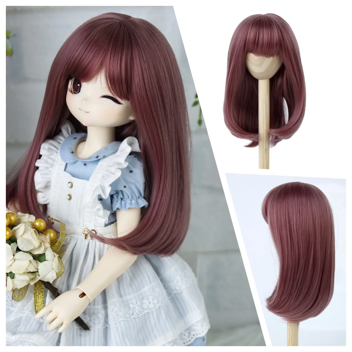 MUZI Free Shipping 8-9inch 1/3 BJD Hair Long Remy Smooth Synthetic WigsWith Bangs Tress Doll Accessories DIY 22cm to 24cm head