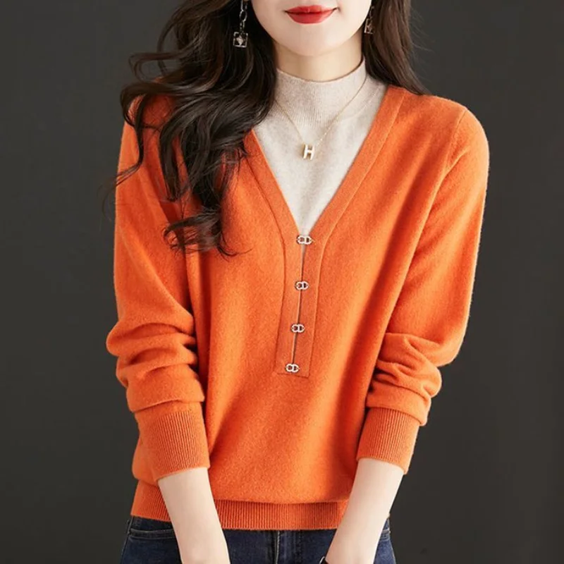

Winter New Fake Two Piece Contrast Color Long Sleeve Women Clothes Half High Neck Casual Buttons Pullover Knitting Bottom Shirt