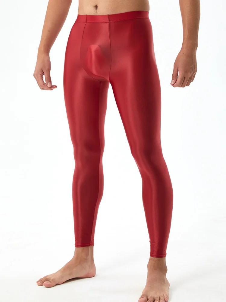 Sexy Men Stain Oil Shiny Pants Bulge Convex Pouch Tights Men Trousers Leggings Yoga Smooth Pencil Pants Capris Candy Color