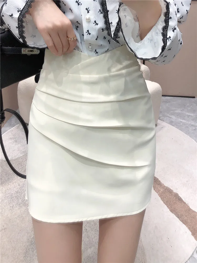 Elegant Black Pleated Mini Skirts Summer 2022 New Side Zipper Party High Waist Sexy Pencil Skirt Korean Fashion Clothing White brown skirt