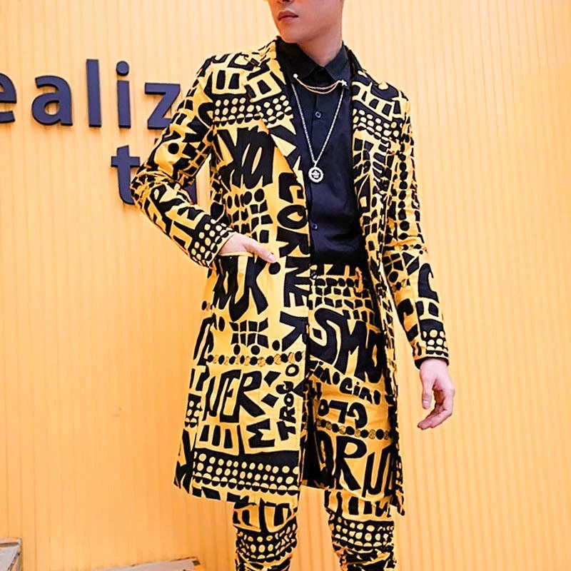 Men Slim Fit Blazer Yellow Jacket Stage Singer DJ Clothes Heren Colberts Long Casual Suits Blazer Masculino|Blazers| -
