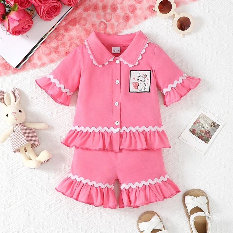 Newborn Baby Sleepwear 0-3Y Baby Girls Summer Pajama Set Short Sleeve Lapel Button Down Shirts Tops + Ruffle Shorts Toddler Sleepwear Kids Loungewear