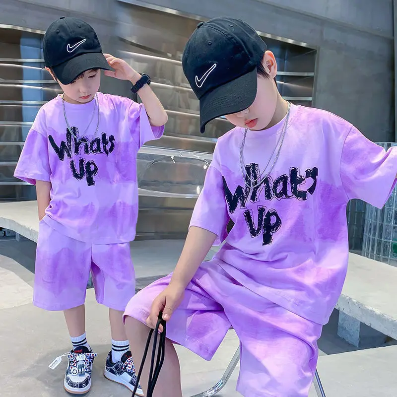 

Summer Boys Loose Tie Dye Alphabet t-Shirt Tops+Short Pants Set School Kids Tracksuit Children 2PCS Outfit Jogging Suit 2-14 Yrs