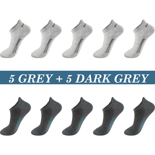 High Quality 10Pairs Men Socks Cotton Summer Sports Breathable Ankle Socks Mesh Casual Athletic Thin Cut Short Plus Size 39-48 5 Grey 5 Dark grey