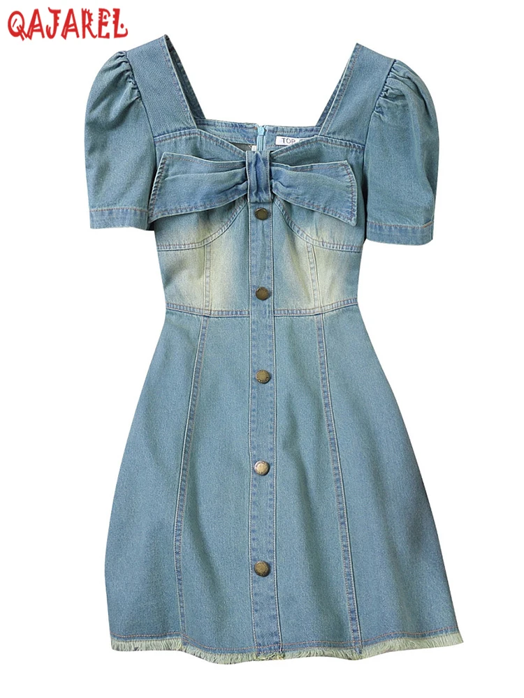 

2024 Summer New Vintage Tie-dyed Bow Square Collar Cowboy Mini Dress Holiday Casual Party Chic Dress Women Elegant Bodycon Dress