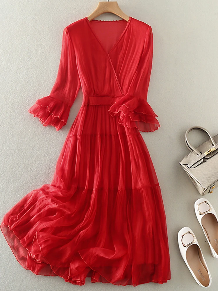 100% Real Silk Summer Dress Women High Waist Long White Dresses For Women  Clothing High Quality Vintage Holiday Fairy Dress Zm - AliExpress