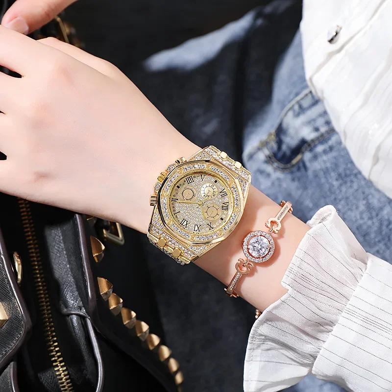 Stainless Steel Strap Watch Stylish Women's Rhinestone Inlaid Stainless Steel Quartz Watch Colorful Dial Decorative for Ladies