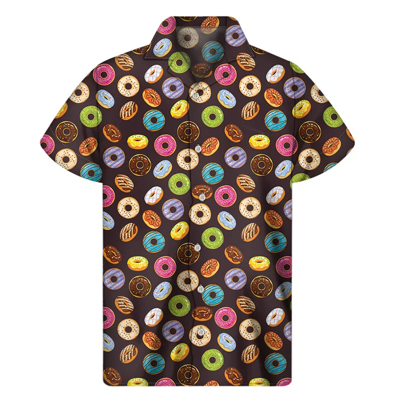 thumbnail image 1 of Camisa con estampado 3D de galletas y donas de chocolate para hombre, camisas hawaianas de verano, blusa hawaiana con solapa de calle, botones, mangas cortas, 1 of 5
