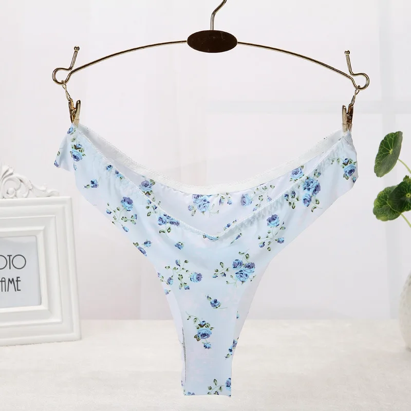 

Ice Silk Seamless G-string Woman Sexy Underwear T-back Thongs Ladies Breathable Panties Elastic Printed Floral Underpants Female