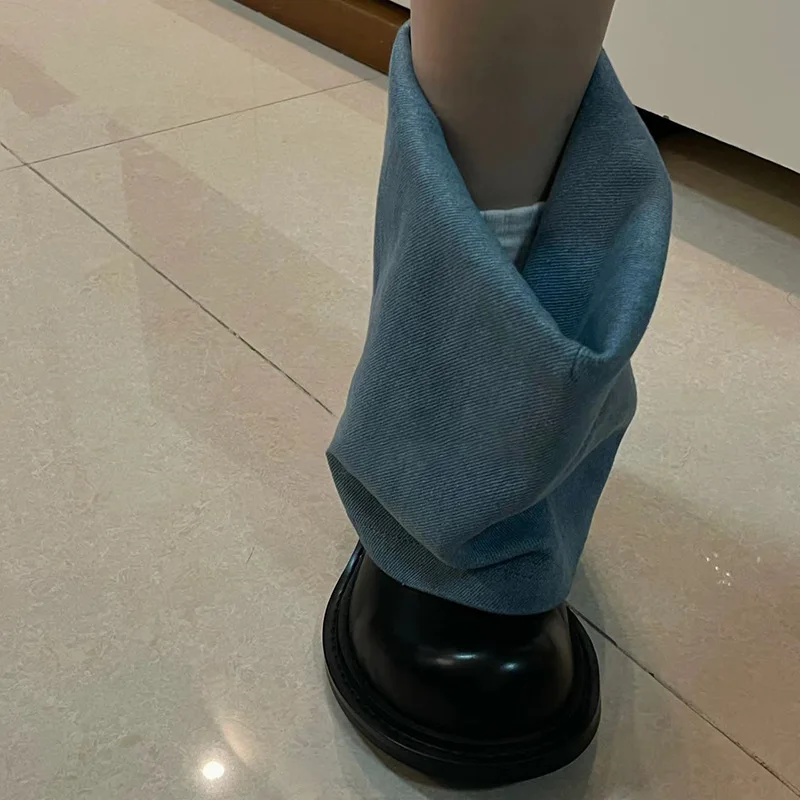 여성용 큰 머리 못생긴 귀여운 두꺼운 밑창 짧은 부츠, 두꺼운 하이힐 데님 바지 부츠, 런웨이 부츠, 2024 가을 겨울 신상