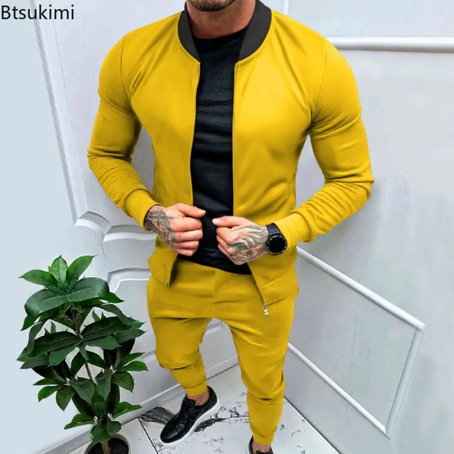 2024 Men's Casual 2PCS Pants Sets Solid Slim Tracksuits Sets Man Stand Collar Long Sleeve Zipper Jackets and Trousers Sets Male