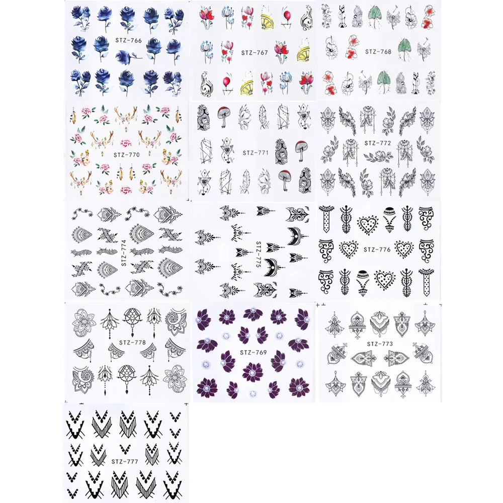 Water Decals Floral Jewelry Nail Stickers 12pcs Black Geometry Designs Sliders For Nails Tattoo Decoration Manicure JISTZ766-778 nail stickers nail art decoration nail decals flower stickers