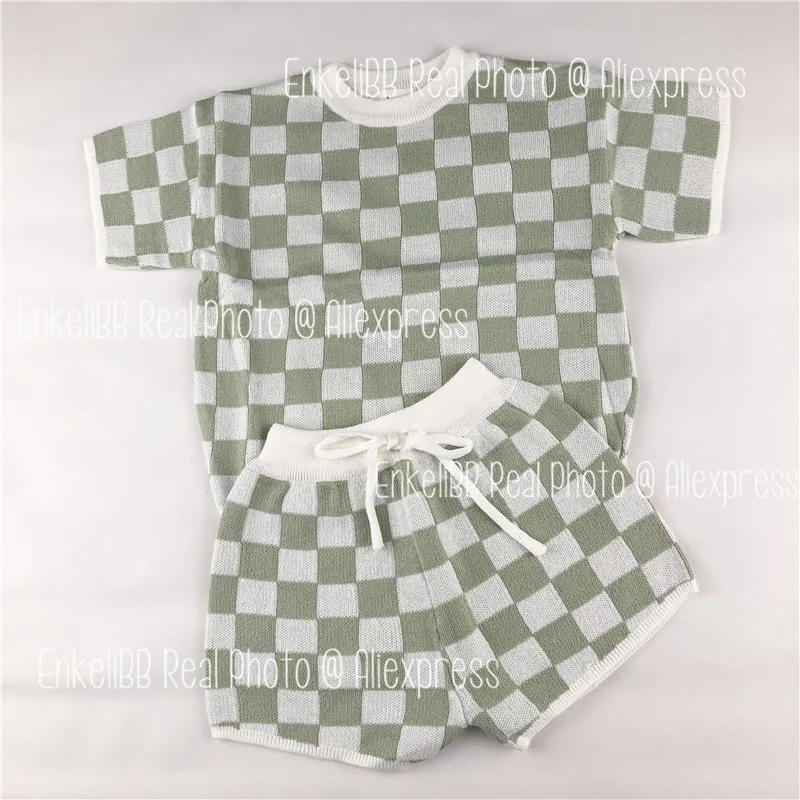 clothing sets beach	 EnkeliBB Classic Plaid Pattern Kid Summer Kniting T shirts and Shorts Sets Designer Kids Genderless Casual Clothing Outifits designer clothing sets