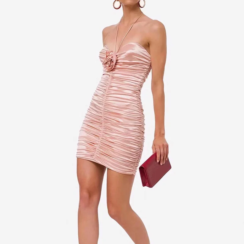 

Designer Women Clothes Sexy Pink Chest Wrapping Hanging Neck Dress High End Three-dimensional Flower Fold Mini Dresses New 24