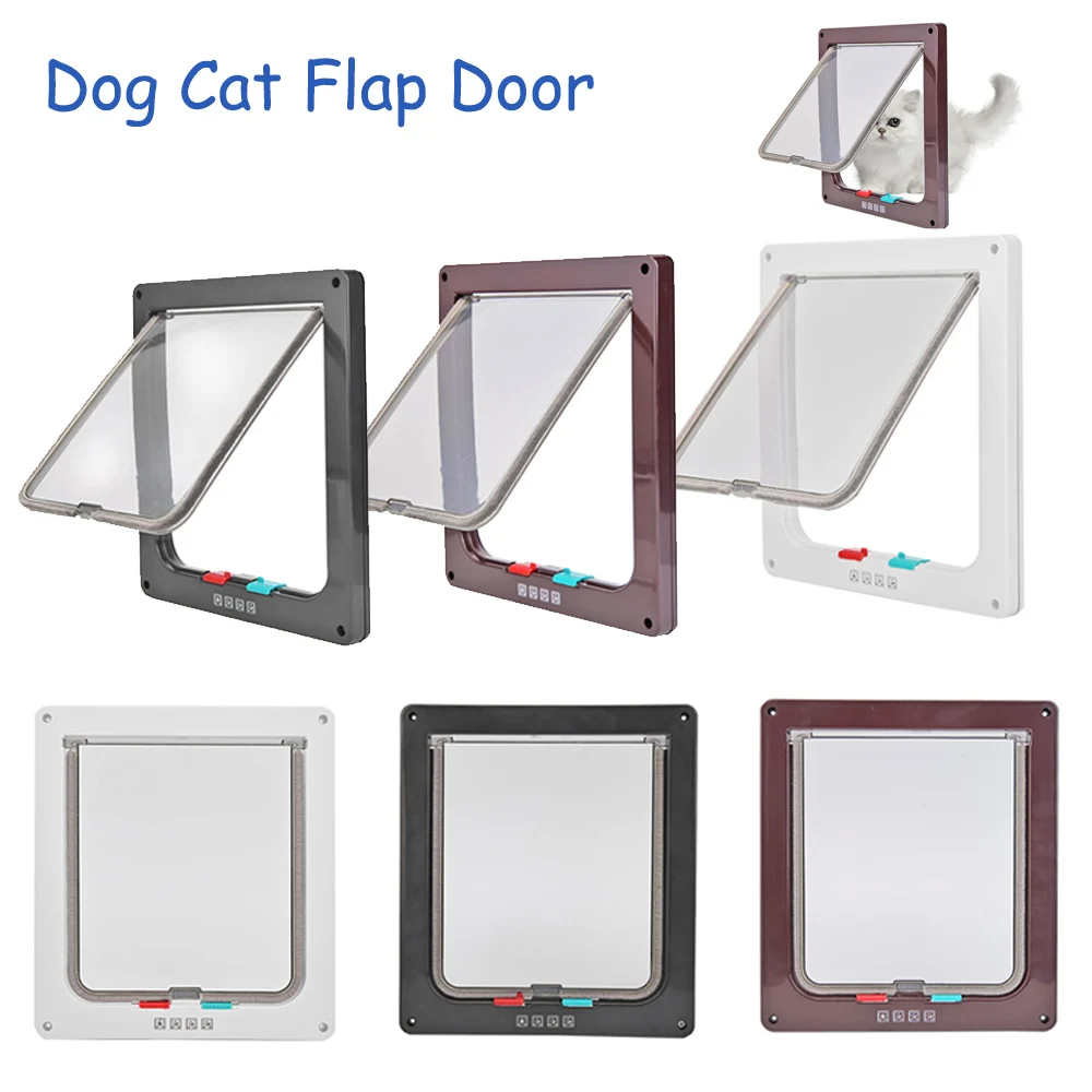 Dog Cat Flap Door with 4 Way Security Lock Flap Door for Dog Cats Kitten ABS Plastic Small Pet Gate Kit Cat Dogs Doors cat door pet door
