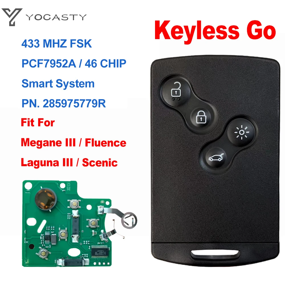 Car remote key car key YOCASTY hands free keyless smart card 433MHz PCF7952A for 2009-2015 Renault Megane III Fluence Laguna III Scenic 2010