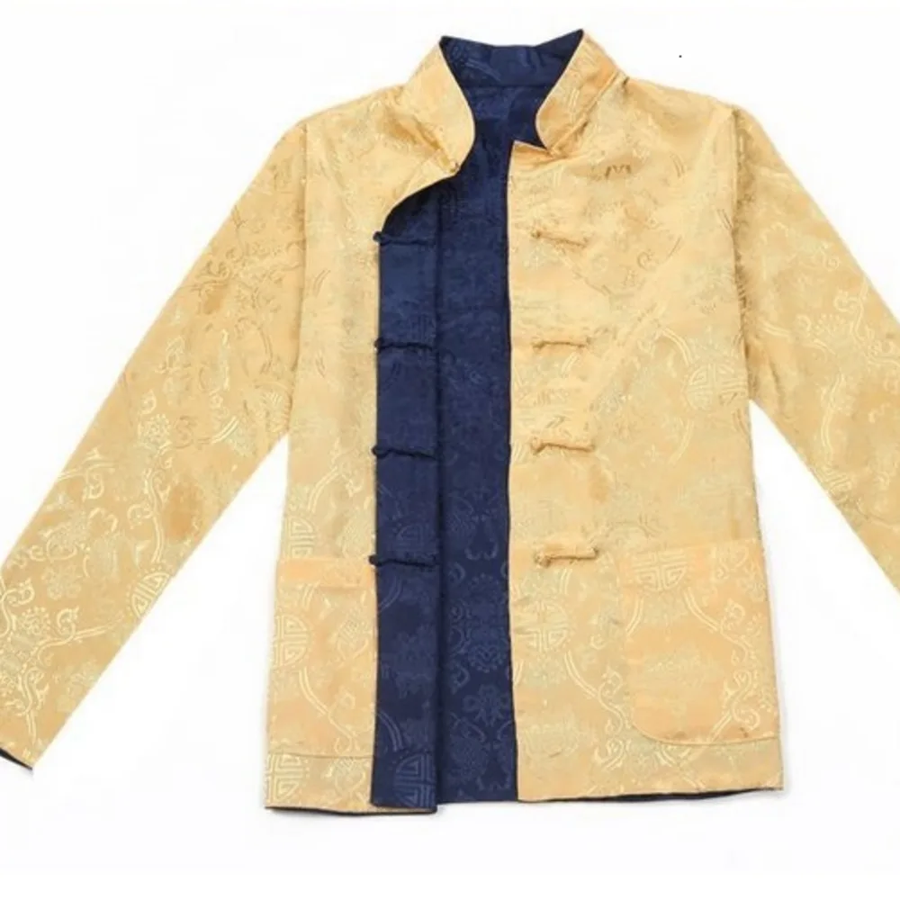 Mens Red Gold Black Blue Colors Traditional Chinese Clothing Chinese Traditional Wear Long Sleeve Two Sided Mens Shirts For Men