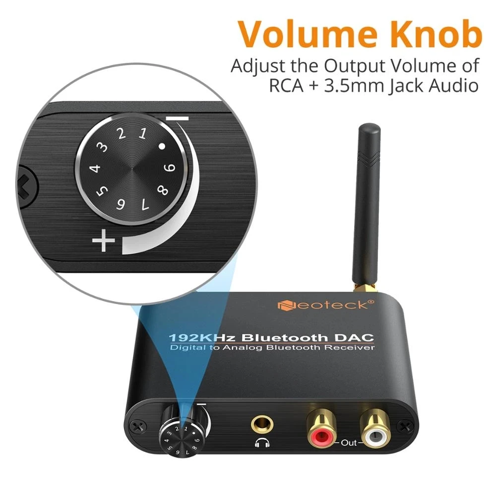 Coaxial Toslink Signal to Analog Stereo RCA L/R 3.5mm Jack Output Neoteck 192kHz Bluetooth 5.0 Digital to Analog Audio Converter with Receiver and Volume Control 
