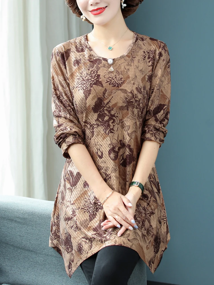 

Floral Print Long Sleeve T Shirts Loose Style Tops Tees Shirts & Blouses Irregular T Shirt For Women