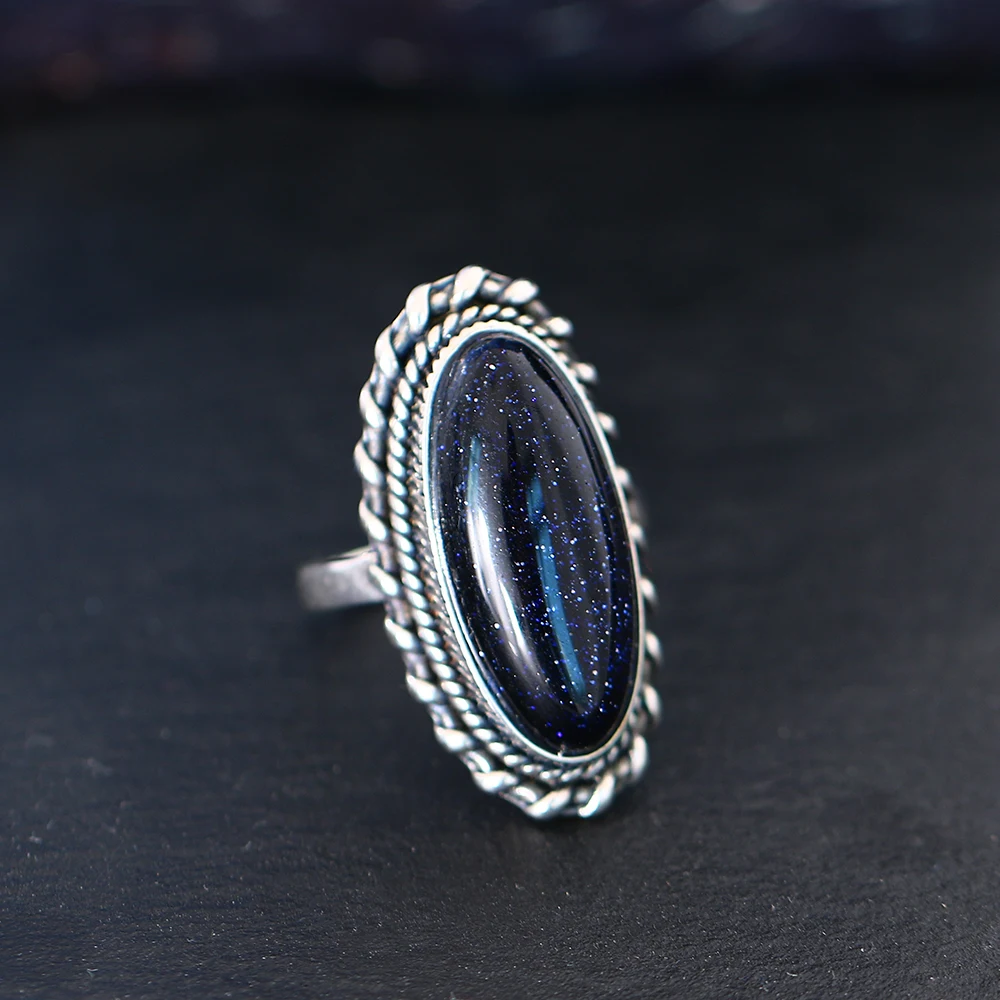 925 Sterling Silver Ring Jewelry Vintage Blue Sandstone Large Stone Luxury Elegant Ring Fine Gift  Rings for Women Men