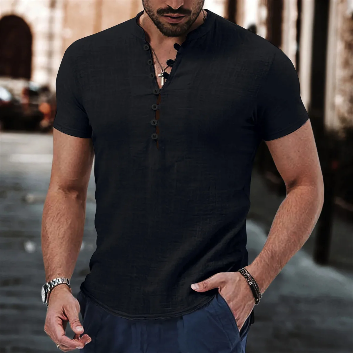 

20204 Summer Solid Color Casual Retro Style Cotton Linen Henry Collar Men's Short-Seeved POLO Shirt