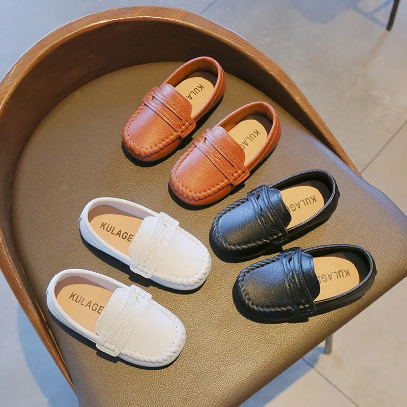 Children Boys Leather Shoes 2025 Spring and Autumn Simple Slip-on Round-toe School Shoes Loafers Flats Moccasins Classic Formal