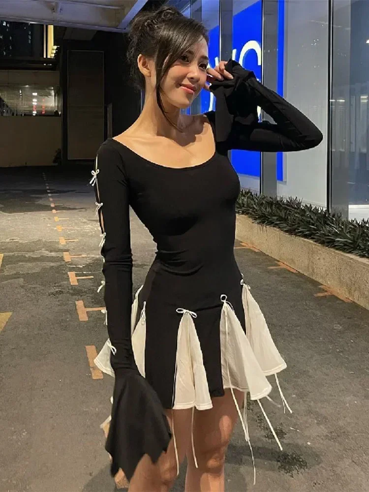

Lace Up High Waist Dress For Women Folds Splice Bodycon Mini Dress Hot Girls Street Slim See Through Dresses Woman Autumn 2024