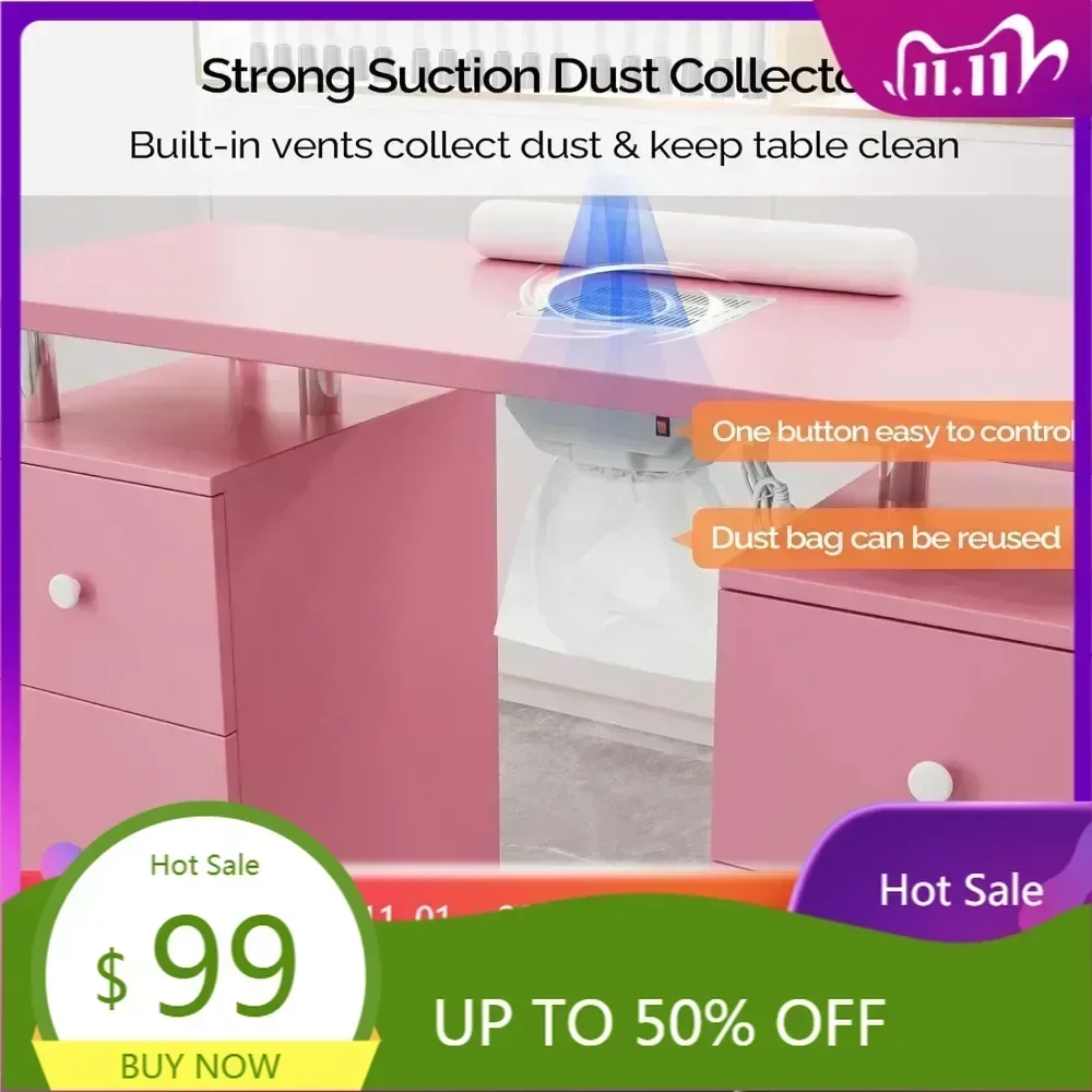 "professional nail technician station with integrated dust removal and acrylic storage"
