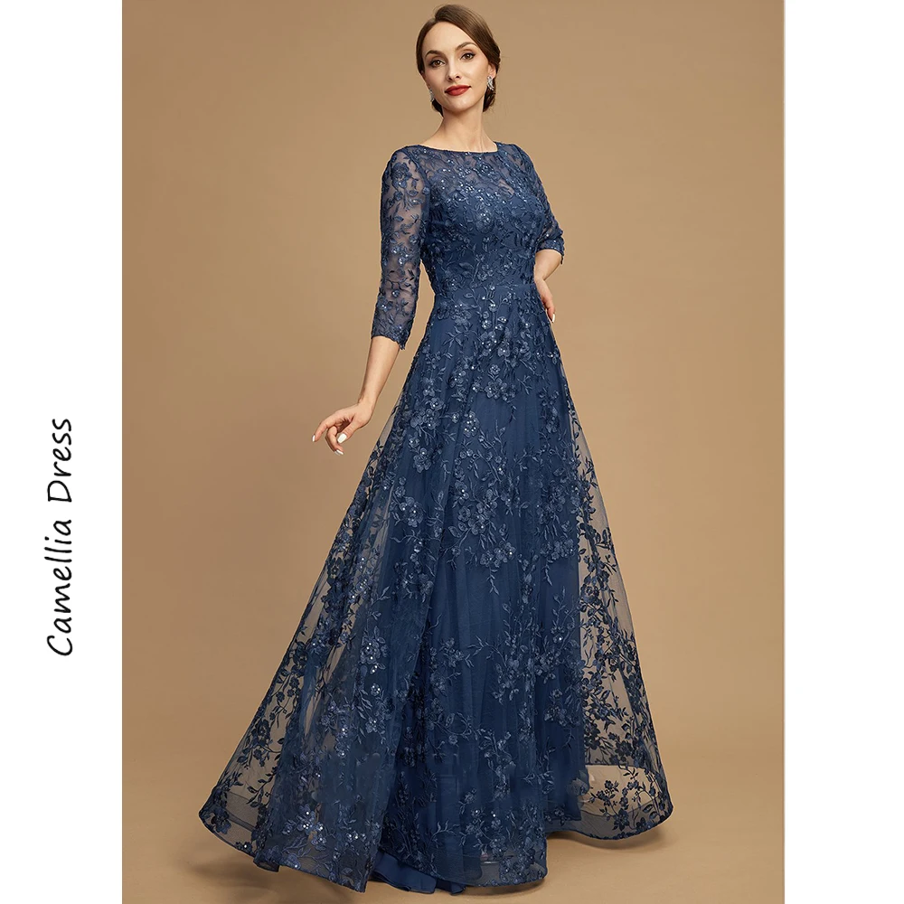 Mother bride dresses Women party dresses A-line Evening Scoop Illusion Dress Lace Sequins