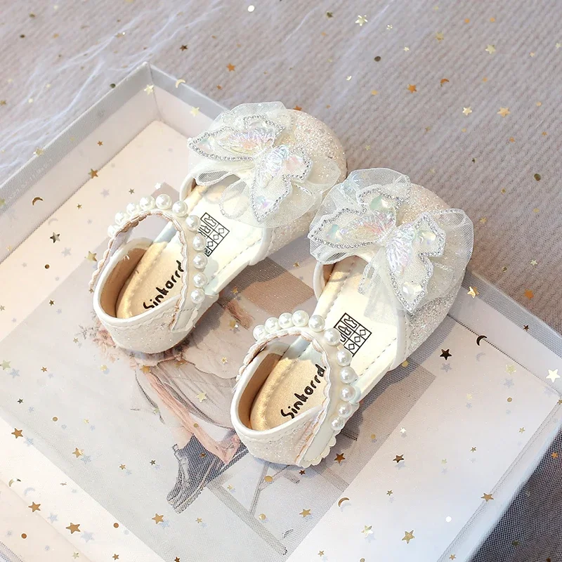 Chic Girls Dress Shoes for Wedding Party Bling Sequins with Rhinestone Butterfly Sweet Princess Chic Kids Flat Shoes Lace Beaded