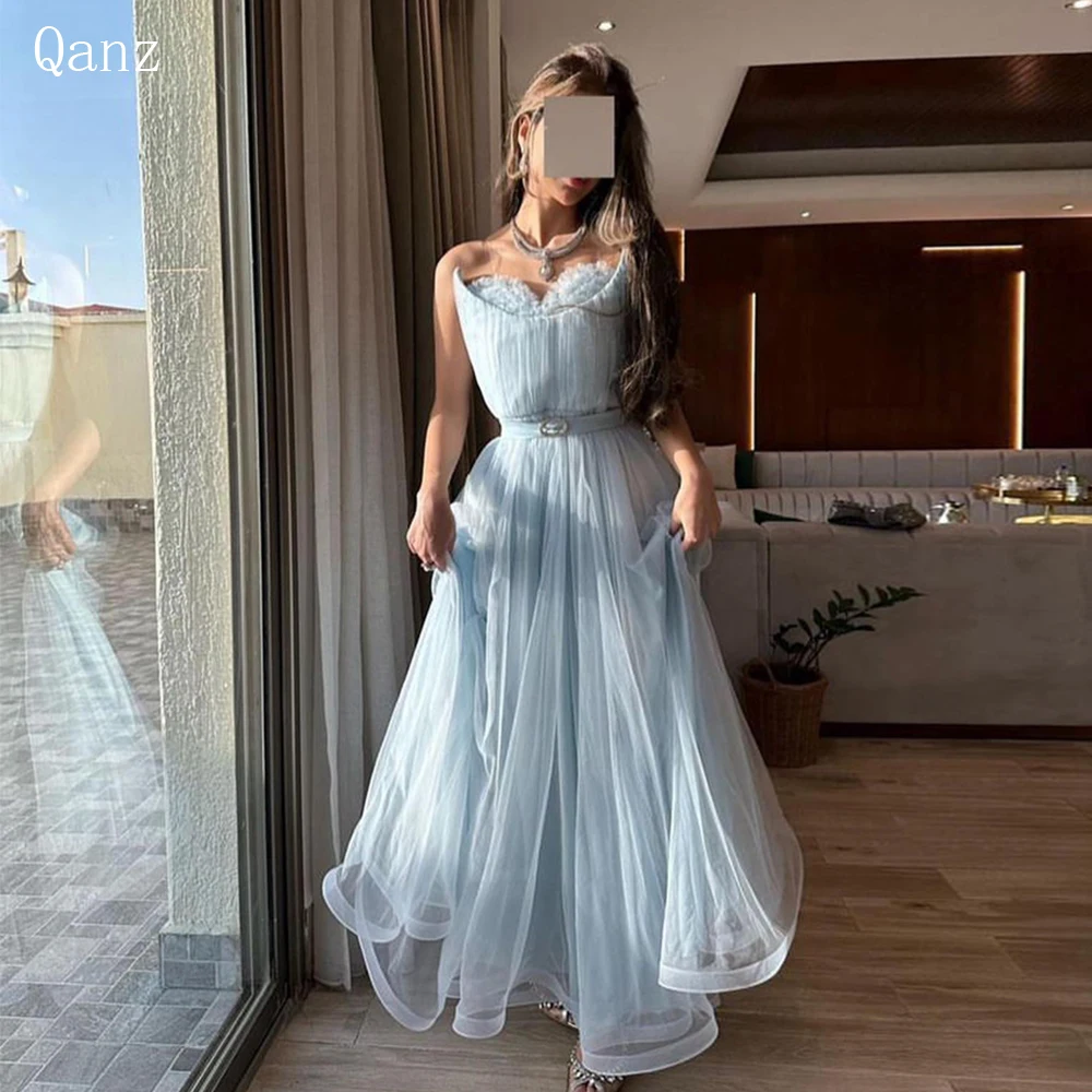 

Qanz Strapless Tulle A-line Prom Dresses Sleeveless Ruffles Vestido Festa Pleat Sky Blue Dresses For Women 2023 Robe De Soiree