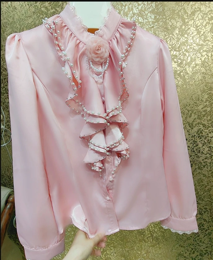 High Quality Elegant Ruffle Stand Collar Long Sleeve Blouse Women Autumn New Elegant White Lace Stitching Sweet Blusas De Mujer