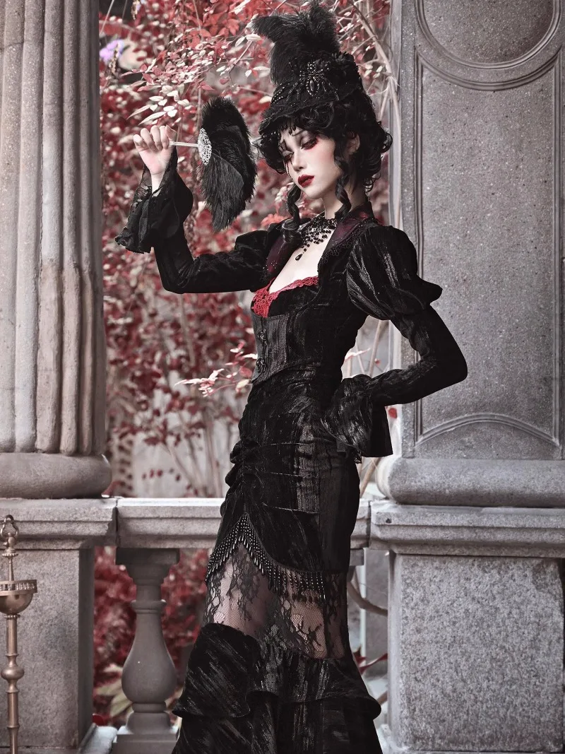 Dark Black Gothic Halloween Velvet Cobweb Coat Cardigan Long