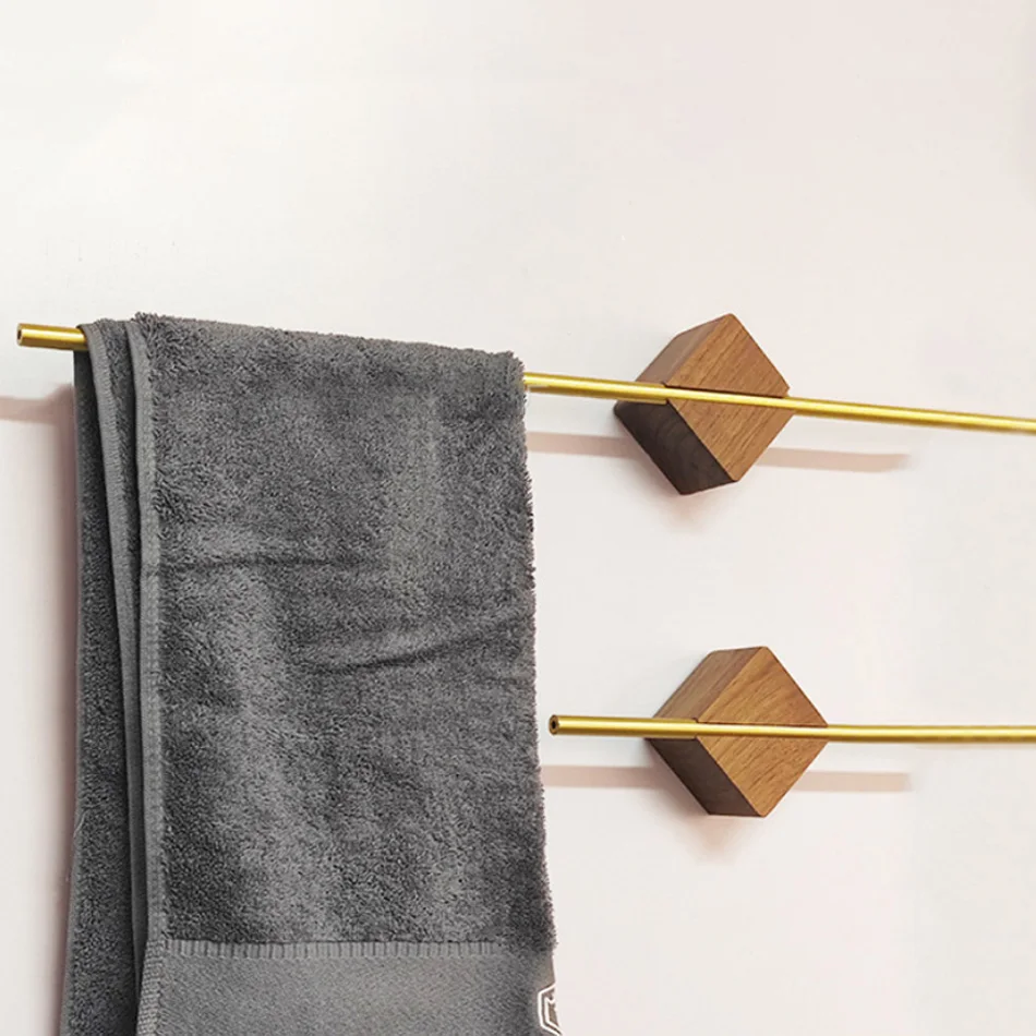Wood Towel Rack Movable Square Walnut Gold Black Aluminum Wall Mounted Bedroom Bathroom Towel Bar Holder Shelf Storage Hanger