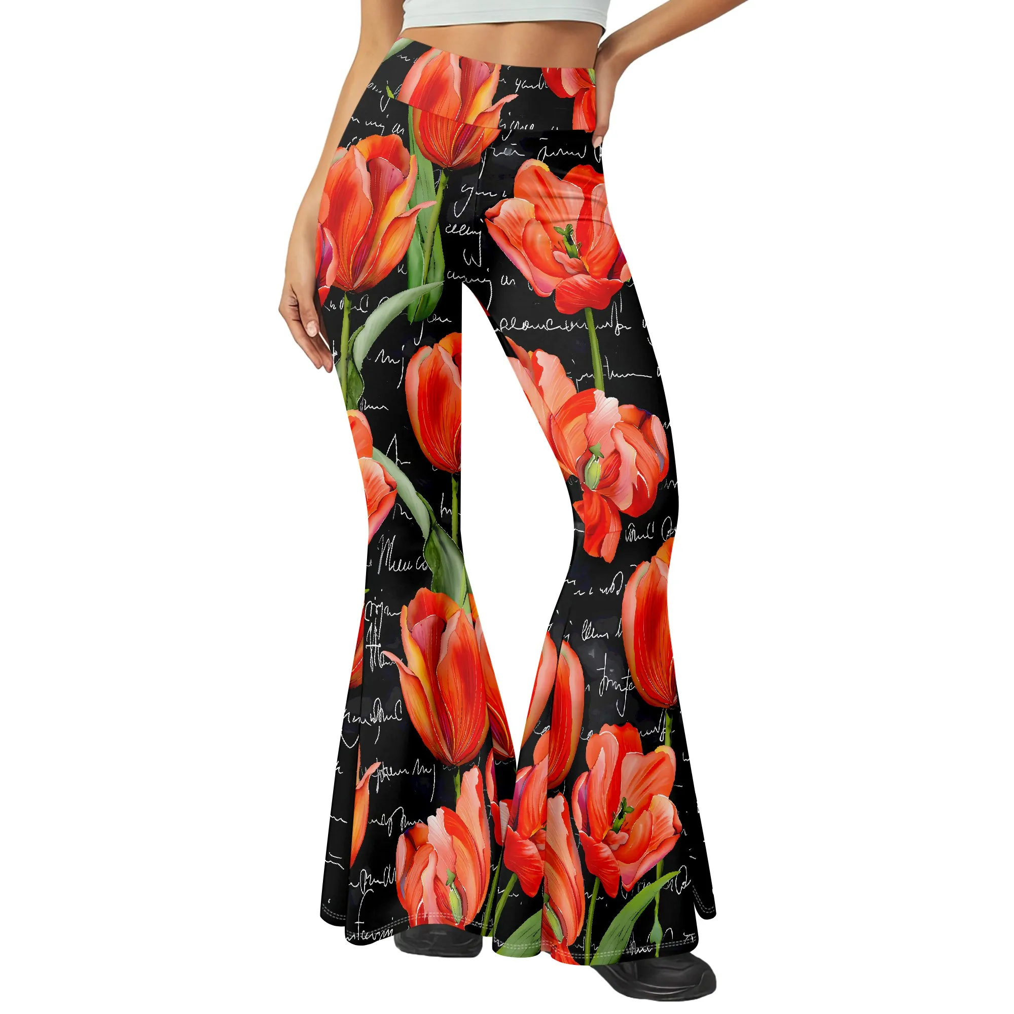 Damen-Freizeithose mit 3D-Druck für Frühling und Sommer, modische Schlaghose mit hoher Taille. – Detail 1
