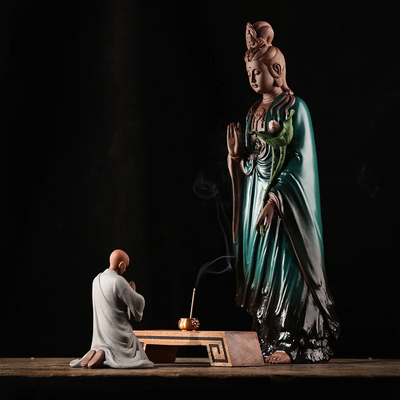 Chinese Style Sand Kneel Pray Buddha Monk Zen Home Living Room Temple Tearoom Decoration, Fengshui Souvenir, Antique Peaceful