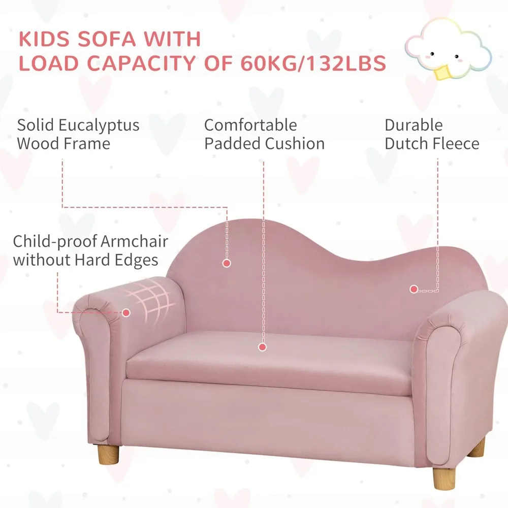 Ergonomic Foam Kids Sofa with Inner Toy Storage Chest, Velvet Kids Couch with Soft Arms, Children's Lounge Furniture, Pink 3