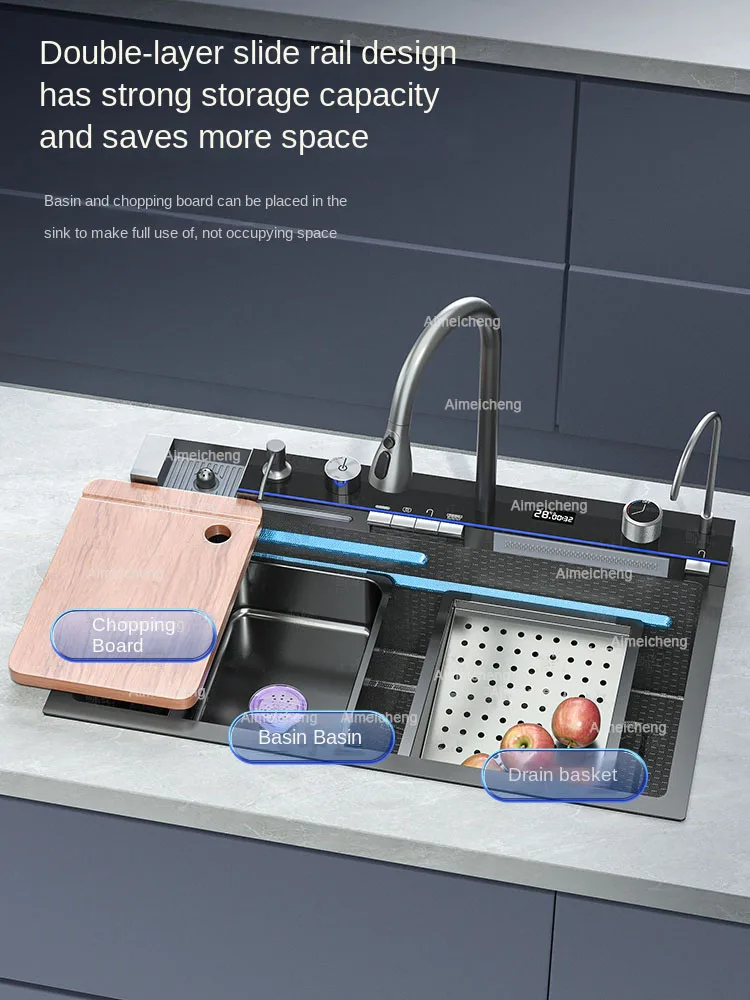 durability 4.0MM Thick Nano 304 Stainless Steel Digital Display Waterfall Sink Set Multifunctional Integrated faucet Whale Sink 3