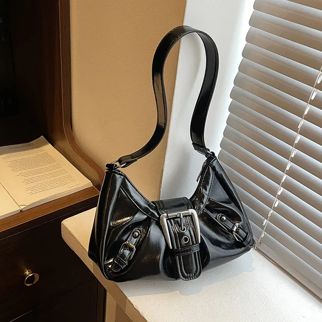 Belt Pleated Design Women PU Leather Shoulder Bags Y2K Style Simple Ladies Underarm Bag Casual Trendy Female Handbags Purse