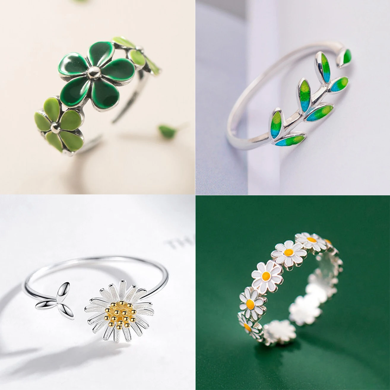 Neue modische silberfarbene grüne Blumen-Blatt-Rosen-Gänseblümchen-Emaille-Offenringe für Damen und Mädchen, Schmuckgeschenk, Dropshipping, Großhandel