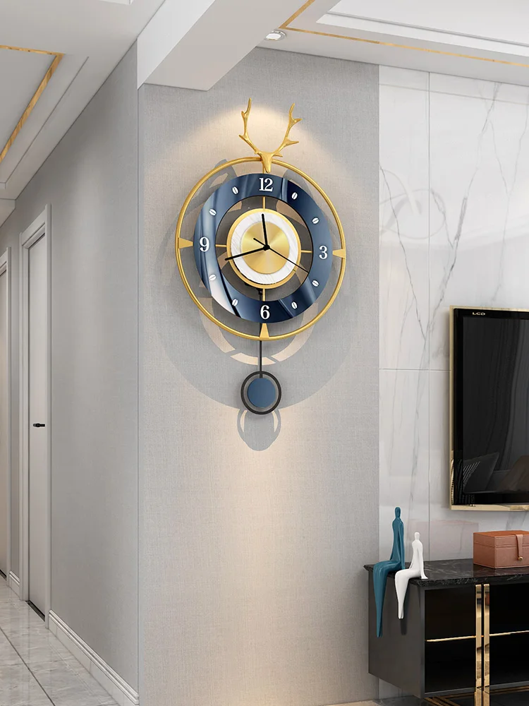 Metal Deer Head Luxury Round Large Pendulum Wall Clocks 6