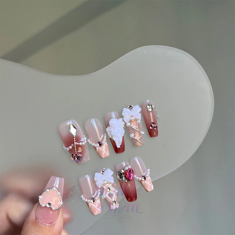

Handmade Press on Nails Pink Ballerina Zircon Shiny Full Cover Wearable Long Artificial Handworked Fake Nails Decoration Tips