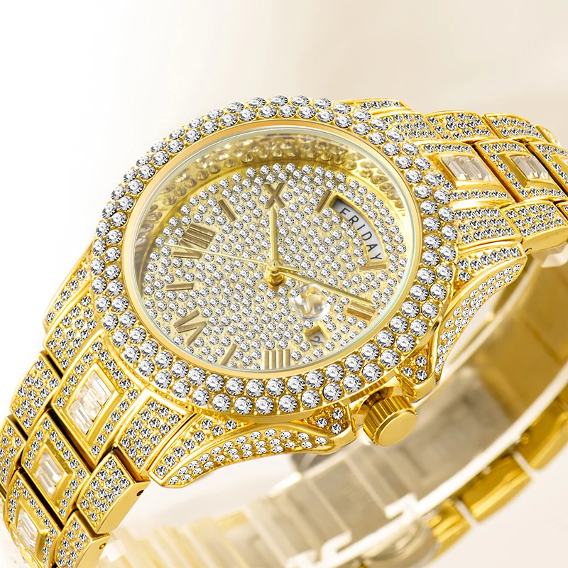 Quartz Watch For Men Luxury Brand Rhinestone Gold Men's Calendar Waterproof Clock Relogio Masculino 2022 NEW |