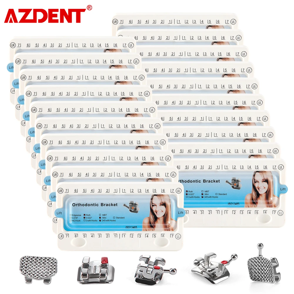 20 แพ็ค AZDENT ทันตกรรมจัดฟันมินิวงเล็บโลหะตาข่ายฐานวงเล็บ Roth MBT 0.022 "0.018" 345 ตะขอทันตกรรมวัสดุ 1