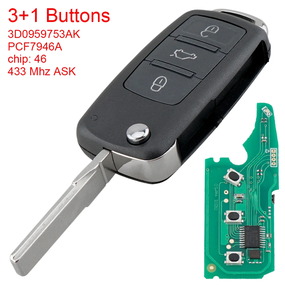 

3 + 1 Buttons 433MHz ASK Flip Remote Intelligent Key Fob with ID46 Chip 3D0959753AK Fit for V-W Volk-swagen Phaeton 2002-2010
