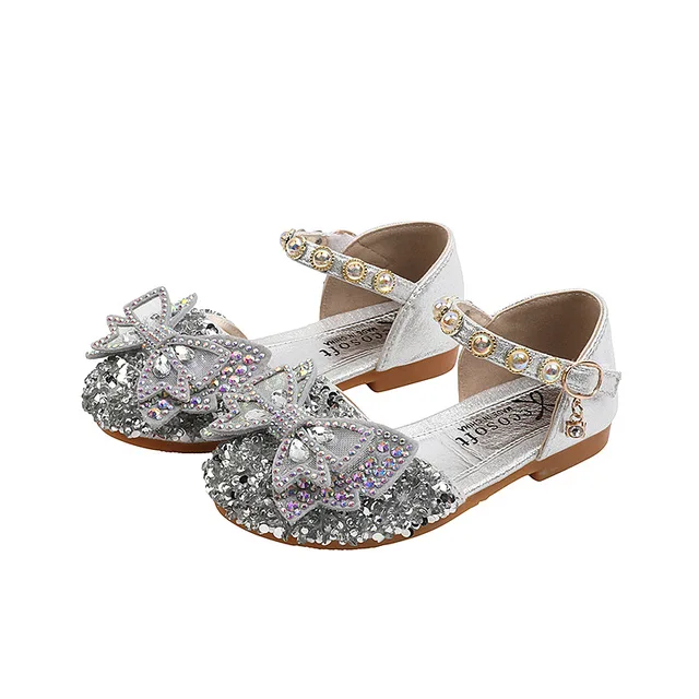 Summer Girls Sandals Fashion Sequins Rhinestone Bow Girls Princess Shoes Baby Girl Shoes Flat Heel Sandals Size 21-35 SHS104 SHS132 Silver