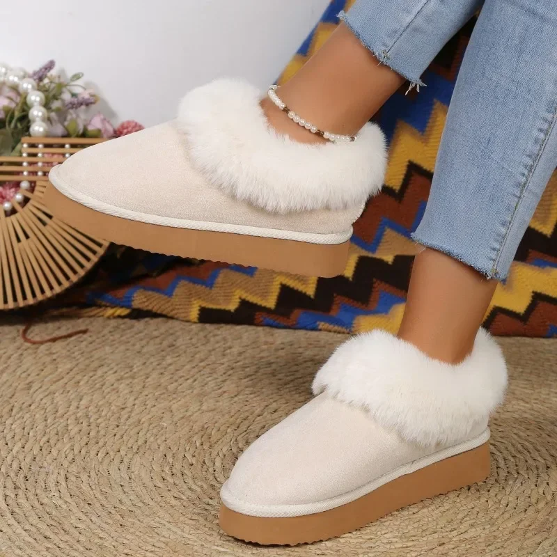 

Женские ботинки без шнуровки, однотонные теплые непромокаемые ботинки из флока, с круглым носком, на среднем каблуке, большой размер, для зимы, 2023