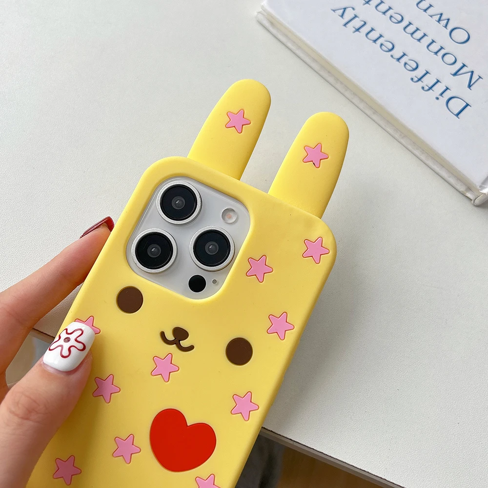Kawaii Lovely 3D Cartoon Rabbit Soft Silicone Case for iPhone 16 15 14 13 12 Pro Max Funny Shockproof Back Cover Capas 5