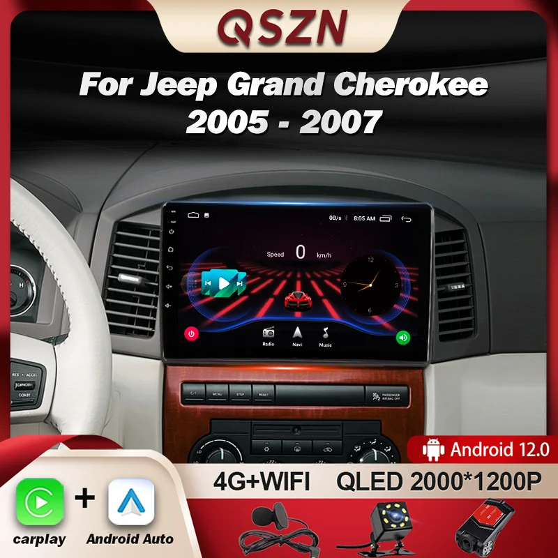 

Автомагнитола QSZN для Jeep Grand Cherokee 2005-2007, мультимедийный видеоплеер с GPS, 4G, Carplay, Android 12, Авторадио 2K, головное устройство QLED