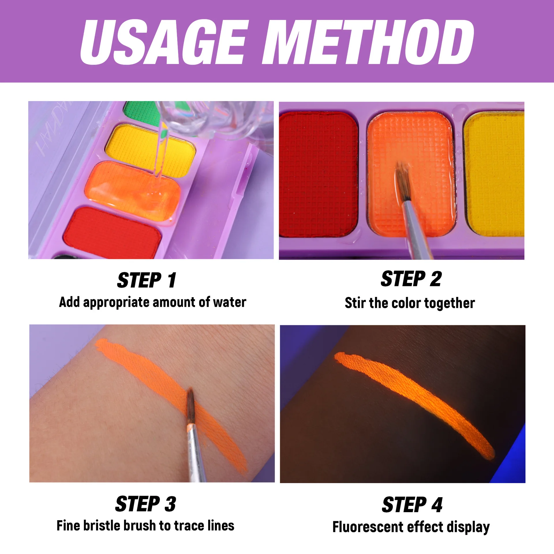 Palette di 8 Colori per Trucco Viso e Corpo, Vernice Fluorescente Solubile in Acqua, Cosmetici UV per Feste di Halloween, Trucco per Travestimenti - immagine 3